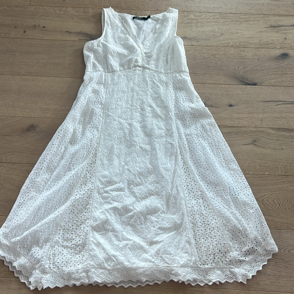 Lauren Ralph Lauren White Cotton Eyelet Sleeveless Dress Size 10 Bride Preppy